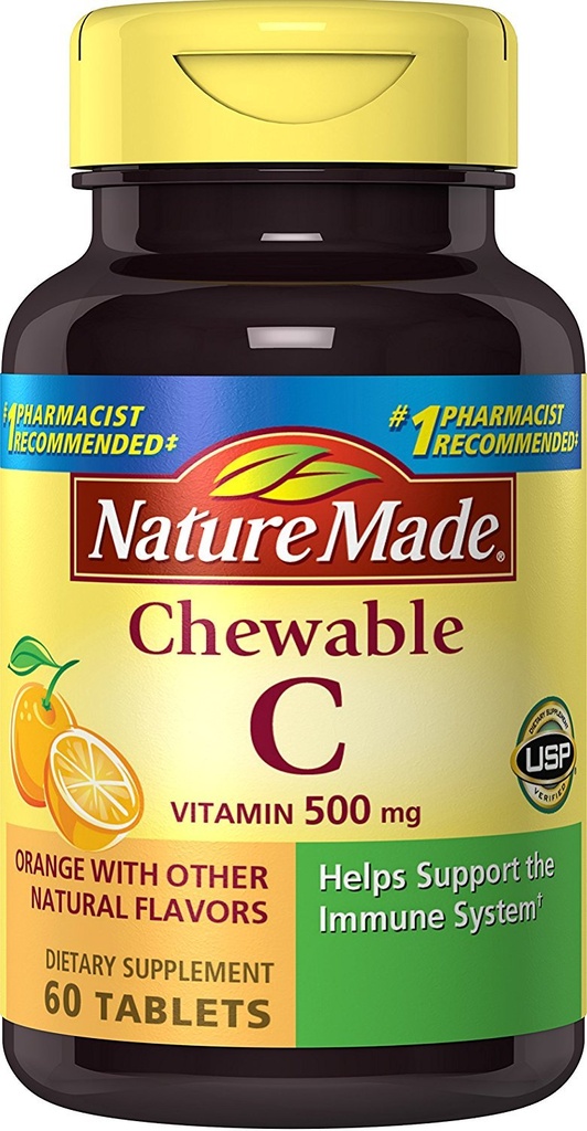 Nature Made Chewable Vitamin C 500 mg Tablets, 60 Count to Help Support the Immune System (Pack of 3)