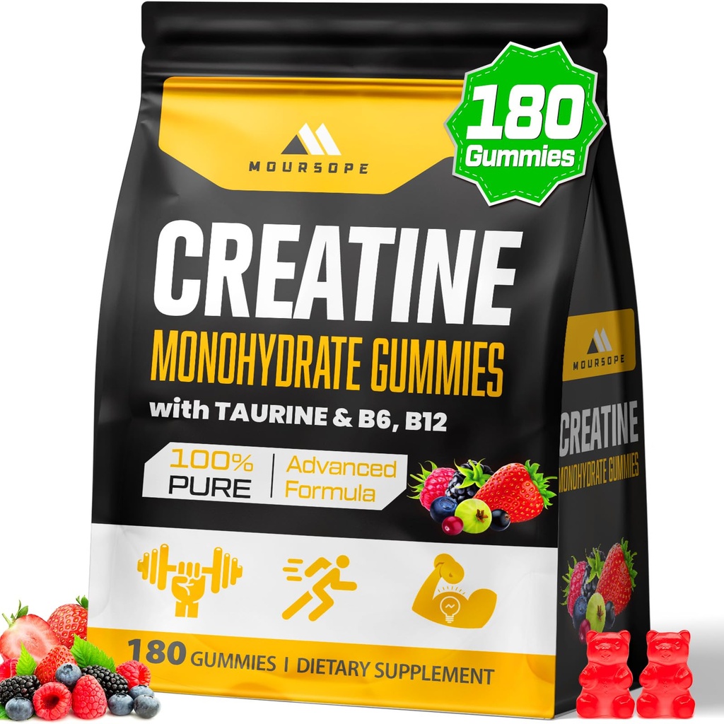 (180 Count) Kreatin Monohydrate Gummie für Männer & Frauen - Creatine Pre Workout Gummis für Muskelaufbau, Muskelkraft, Erholung, Ausdauer, Energie, Kreatin für Frauen & Männer, Vegan, Mischbeere