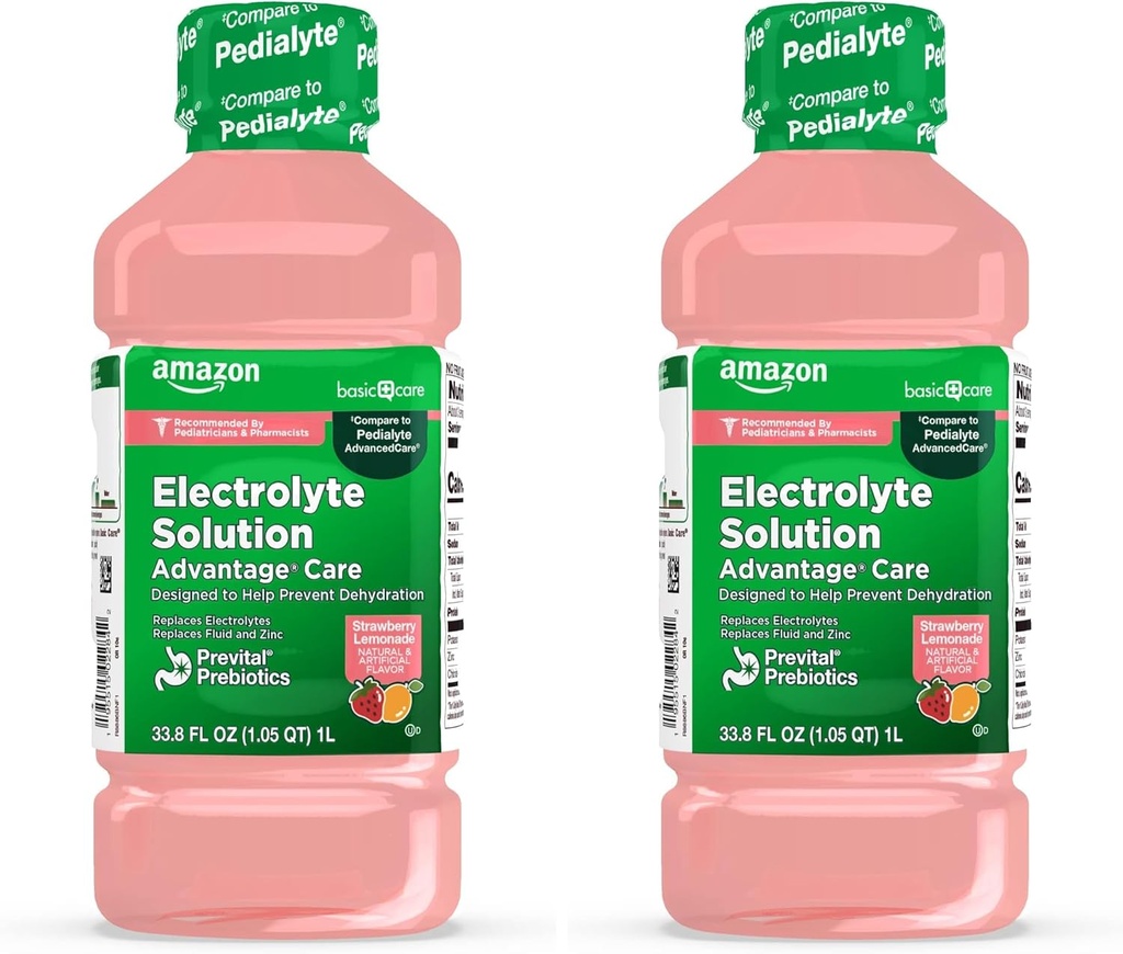 Basic Care Advantage Pflege Elektrolytlösung mit Prevital Prebiotics, Erdbeer-Lemonade, Hydration Drink, Replenish Electrolytes, Fluid & Zink, 33.8 Fl Oz (Pack mit 2)