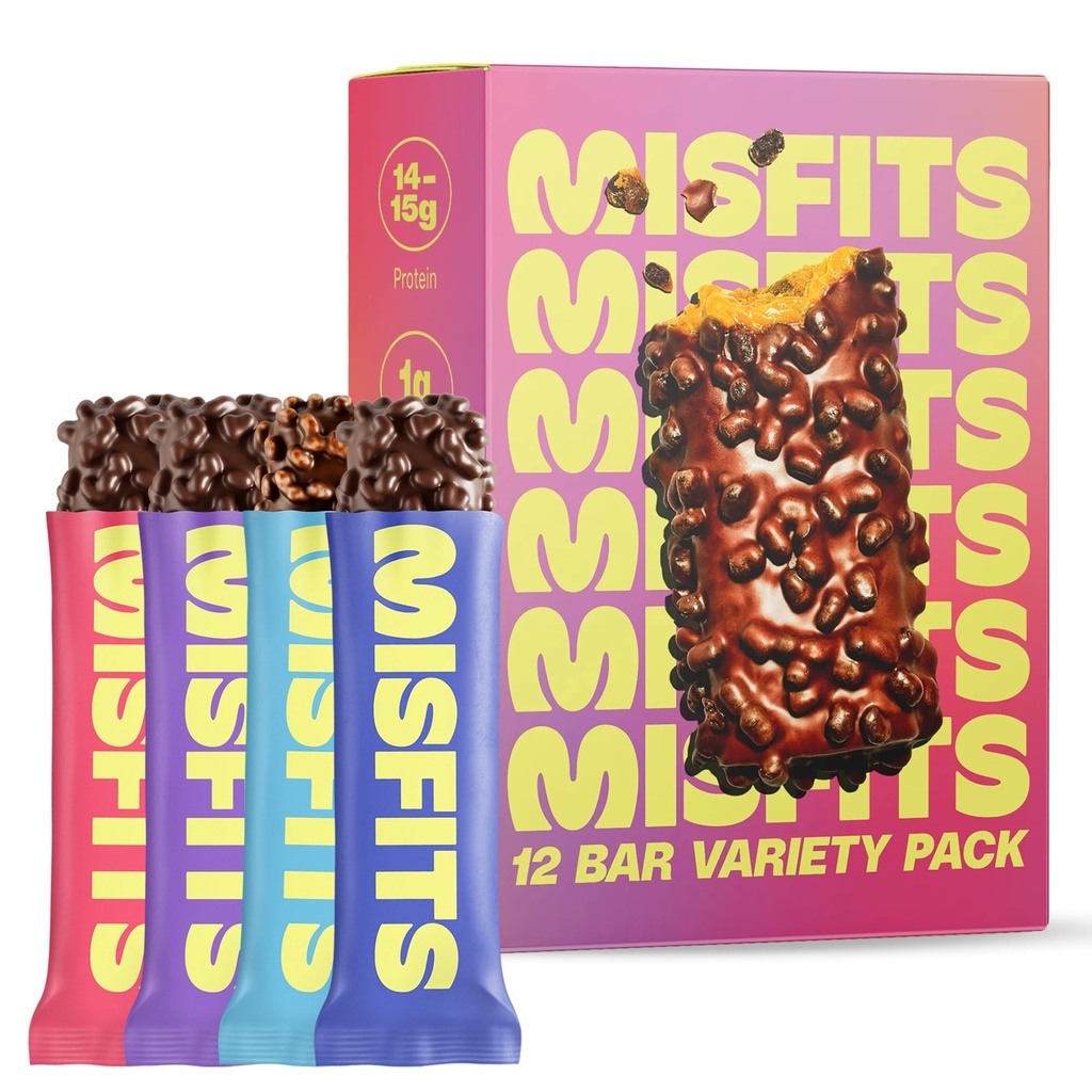 Misfits Protein Bars - High Protein Candy Bars | Gluten Free Plant Based, Low Sugar & Carb, High Fiber Snacks | Variety Pack von 12 (4 Flavors)