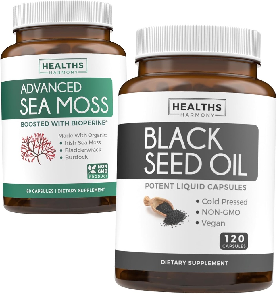 Schwarze Seed & Sea Moss (1-Monats-Versorgung) Nourishing Nature Bundle of Black Seed Oil 120 Softgel Capsules (Non-GMO & Vegan) Kaltgepresste Nigella Sativa & Irish Sea Moss Capsules (Non-GMO & Organic)