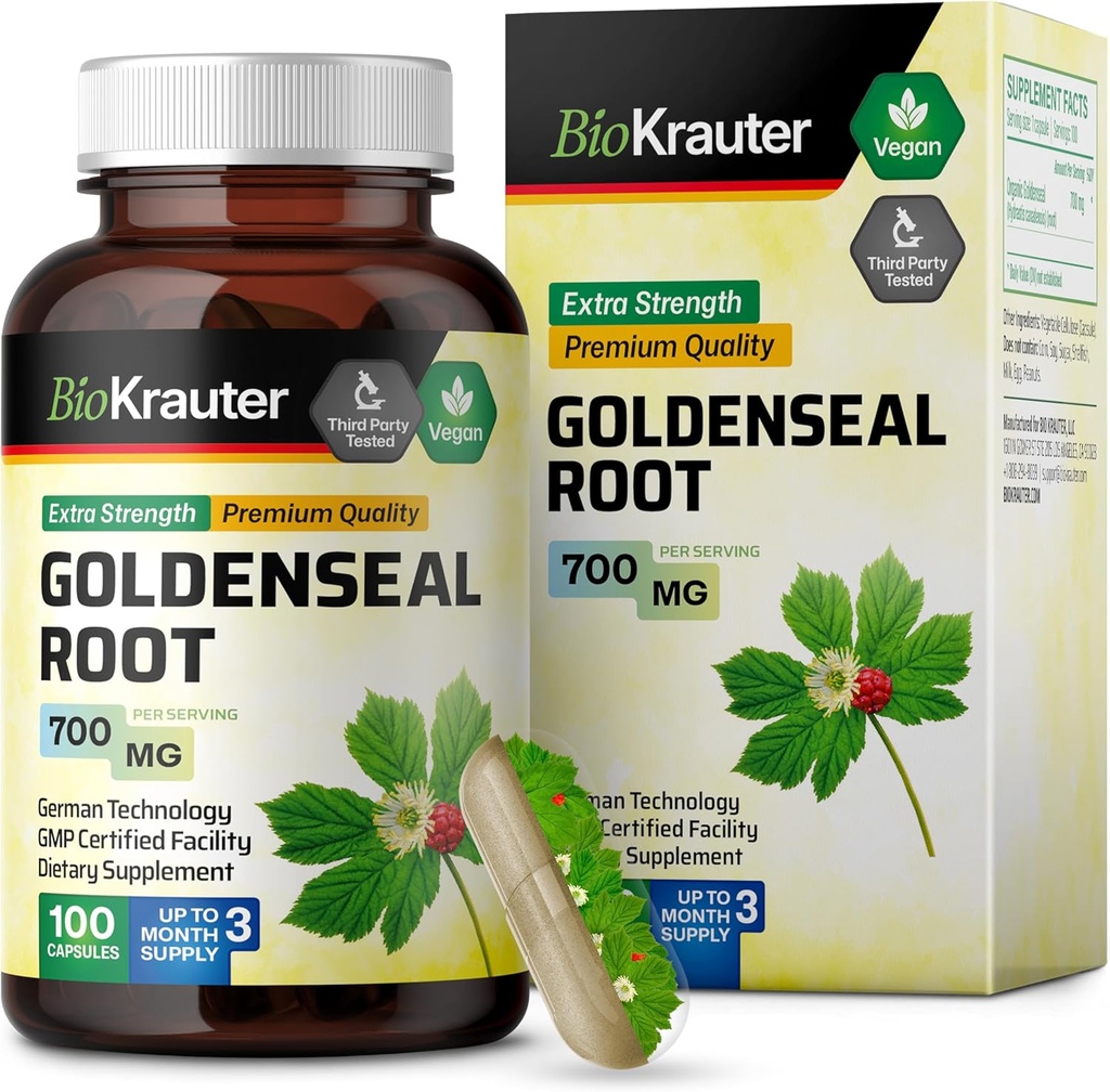 BIO KRAUTER Goldenseal Wurzelkapsel 700 mg - 100 Golden Seal Powder Caps - Respiratory & Digestive Unterstützung - Vegan, keine Füllstoffe
