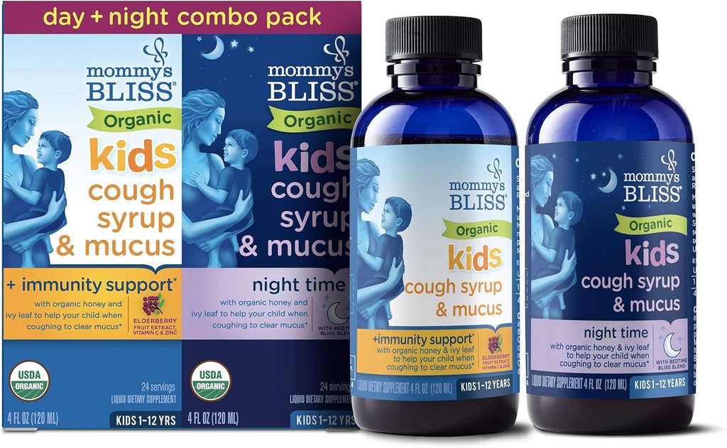 Mami's Bliss Organic Cough Syrup & Mucus für Kinder, Tag und Nacht Combo Pack mit Vitamin C und Immunität Unterstützung, Enthält Organischer Honig und Ivy Leaf, 4 Fl Oz (Pack von 2)