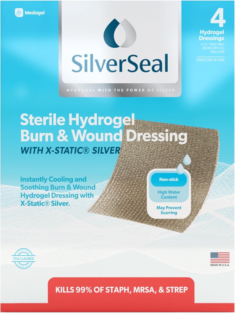 SilverSeal Burn and Wound Dressing | Hydrogel Pads mit X-Static Silver | Beruhigend, Moist & Protective | Burns, Cuts & Wounds | 4 sterile Dressings