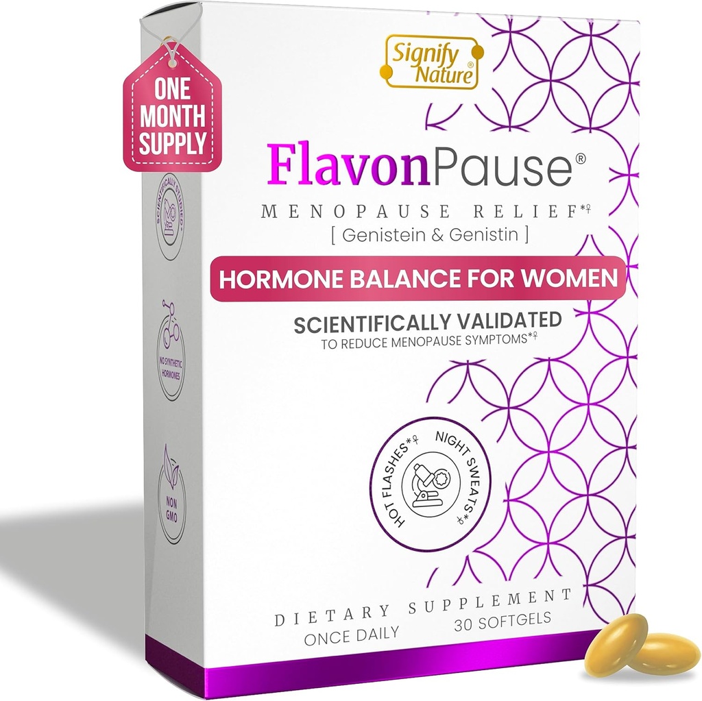 FlavonPause Hot Flashes Menopause Relief – CLINICALLY Getestet – Natürliche Hot Flash Relief, Nacht Sweats Relief, Hautalterung | Multi Menopause Symptome Relief | 30 Softgels