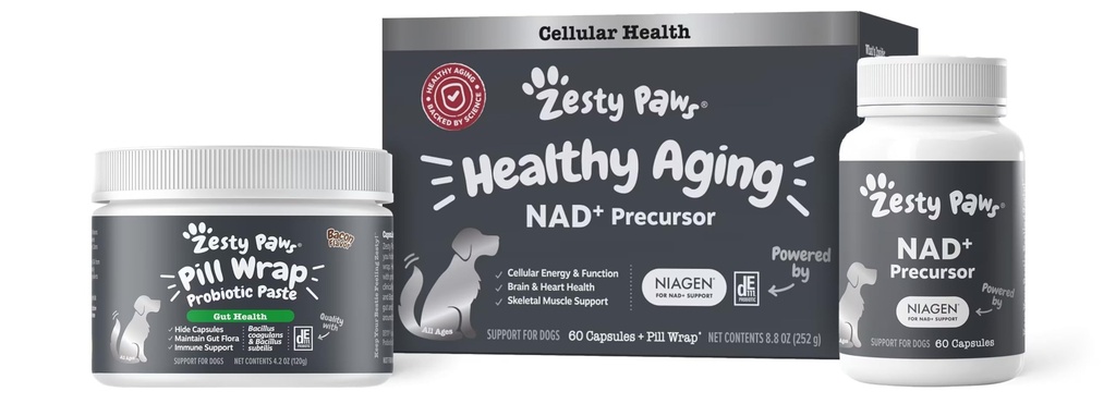 Zesty Paws NAD+ Precursor Supplement for Dogs - Niagen for Healthy Aging & Skeletal Muscle Support & Recovery - Brain, Heart, & Cellular Energy Support - Nicotinamide Riboside Chloride - 60 Capsules
