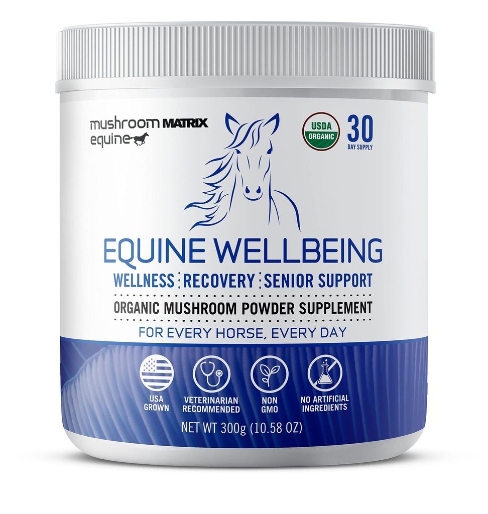 Om Mushroom Matrix - Equine | Wellbeing | USA Grown Human-Grade Organic Mushroom Powder Show Safe Horse Supplement | Wellness, Erholung, & Senior Support | 300 Gramm, 10.5 oz