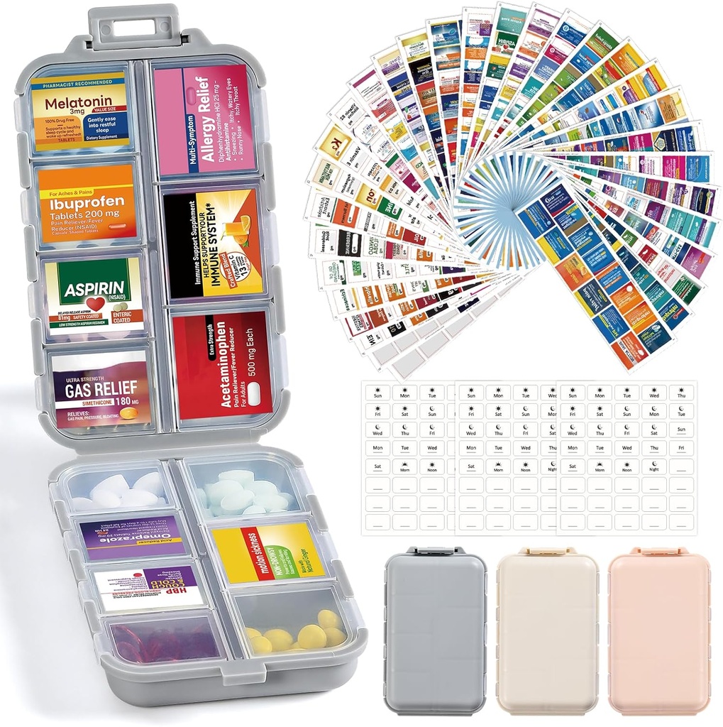 3 Pack 14 Grids Travel Pill Organizer Box mit 415-Pcs Medizin Name Labels - Pocket Daily Pharmacy Case Container Kit - Travel Medication Holder Dispenser für Fish Oil Vitamin Supplement Storage