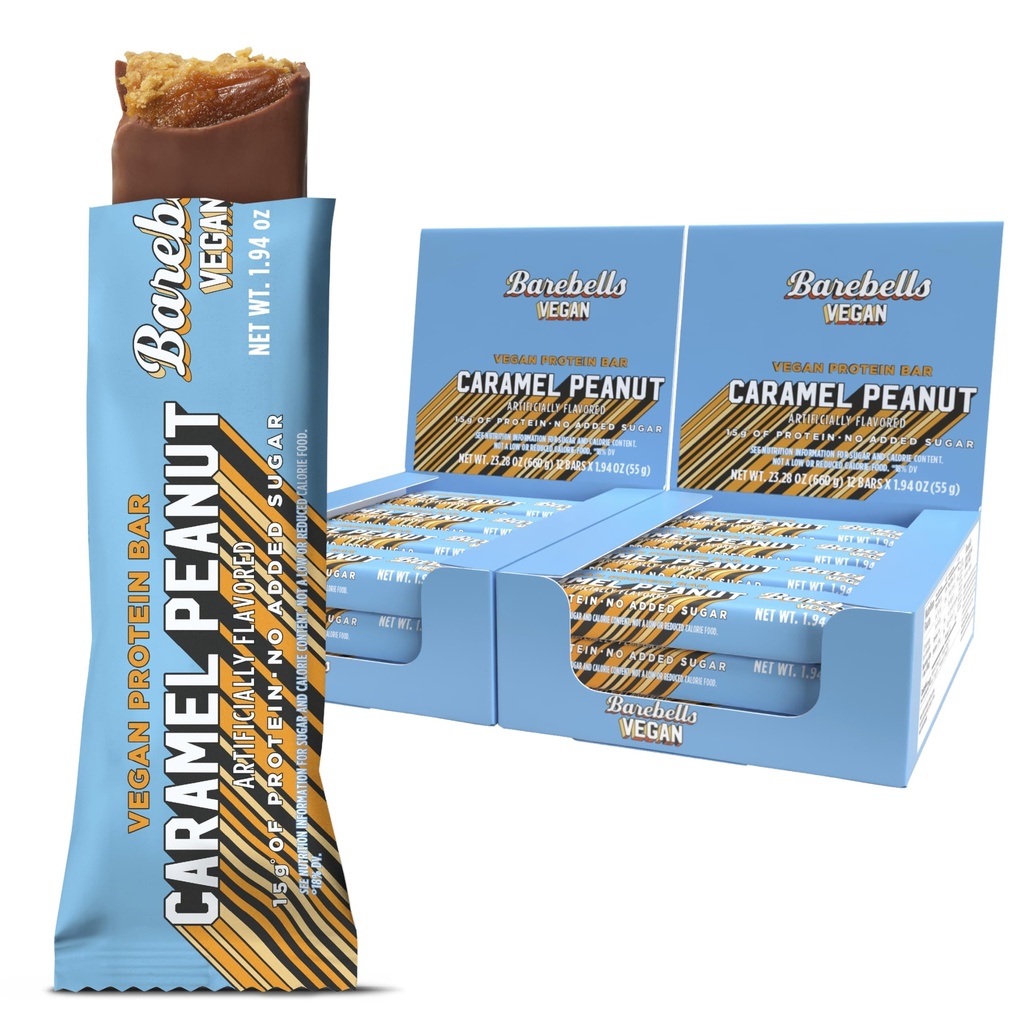Barebells Vegan Protein Bars Peanut Caramel, Plant Based with High Protein - Chocolate Protein Bars - Perfect on The Go Protein Snack & Breakfast Bars 24 Count (Pack of 1)