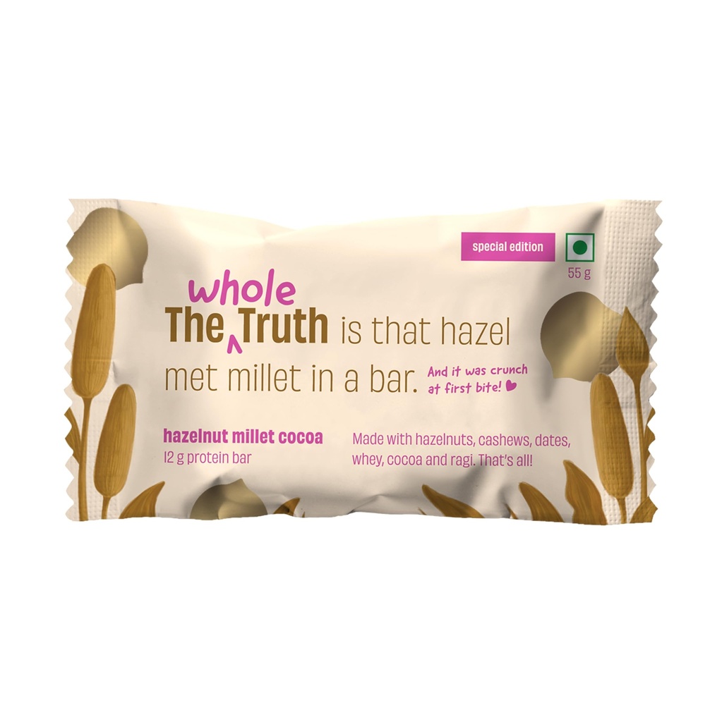 The Whole Truth - Super Crunchy Hazelnut Millet Cocoa Protein Bar 12G | Pack of 5 x 55g | Cleanest Dessert Ever | Real Hazelnuts | Anytime Indulgence