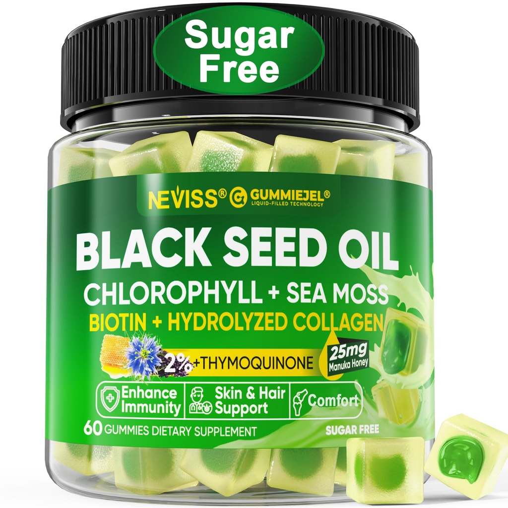 Black Seed Oil Gummi, Chlorophyll & Sea Moss Supplement 500mg, Biotin 500mcg mit hydrolysiertem Kollagen für Haut, Haar & Nägel, Vit E, C, Zink für Gesamtgesundheit, Organisch kalt gepresst, Hohe Absorption