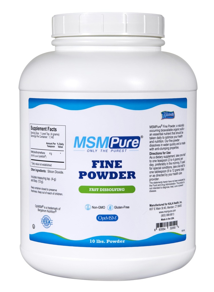 KALA HEALTH MSMPure Fast Dissolving Fine MSM Powder Crystals – US-Made MSM für Joint Health, Haut Aussehen und Haar- und Nagelunterstützung – 10 lb, Bio Schwefel