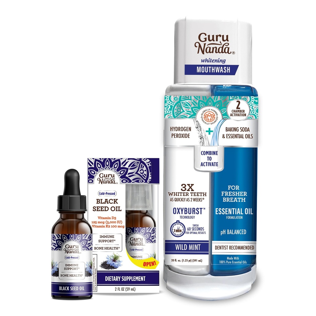 GuruNanda Black Seed Oil, Cold-Pressed Nigella Sativa - Reich an Vitamin D3 5000 Units, K2 & E & Dual Barrel Oxyburst Whitening Mouthwash - Enthält Wasserstoffperoxid