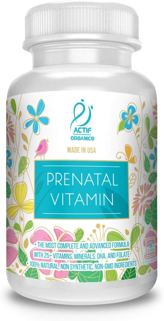 ACTIF Bio-Pränatal-Vitamin mit 25+ Bio-Vitamine, 100% natürlich, DHA, EPA, Omega 3, und Bio-Kräuter-Mischung - Non-GMO, 90 Count