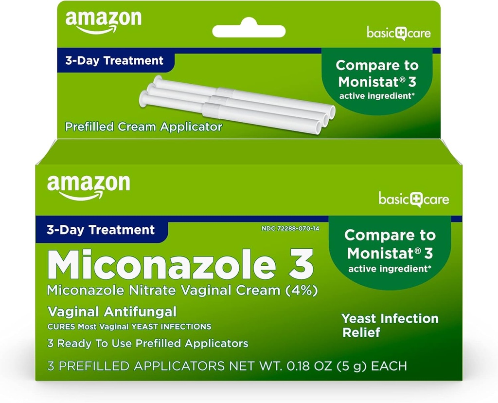   Basic Care Miconazole Nitrate Vaginal Cream (4 Percent), 3-day Yeast Infection Treatment for Women, 0.18 ounce - 3 count (Pack of 1)
