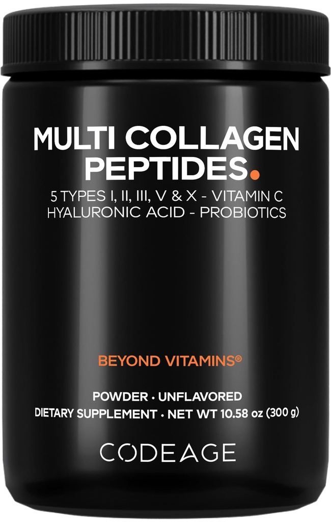 Codeage Multi Collagen Peptide Powder + Probiotics Black Edition, Vitamin C, Hyaluronsäure Pulver Supplement, Grass-Fed, Hydrolyzed, Zero Carbs, Typ I, II, III, V & X, Unflavored, 10.58oz