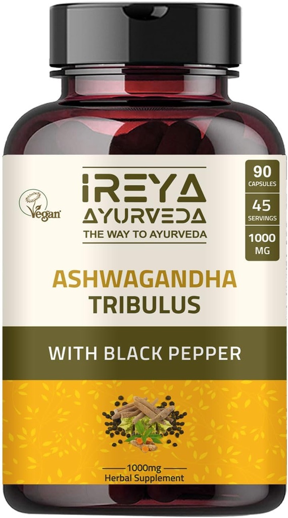 Ashwagandha Kapseln Bio 1000mg (90 Kapseln) Hergestellt mit Tribulus Terrestris, Shatavari und Black Pepper Bio Zutaten | 45 Tage Versorgung