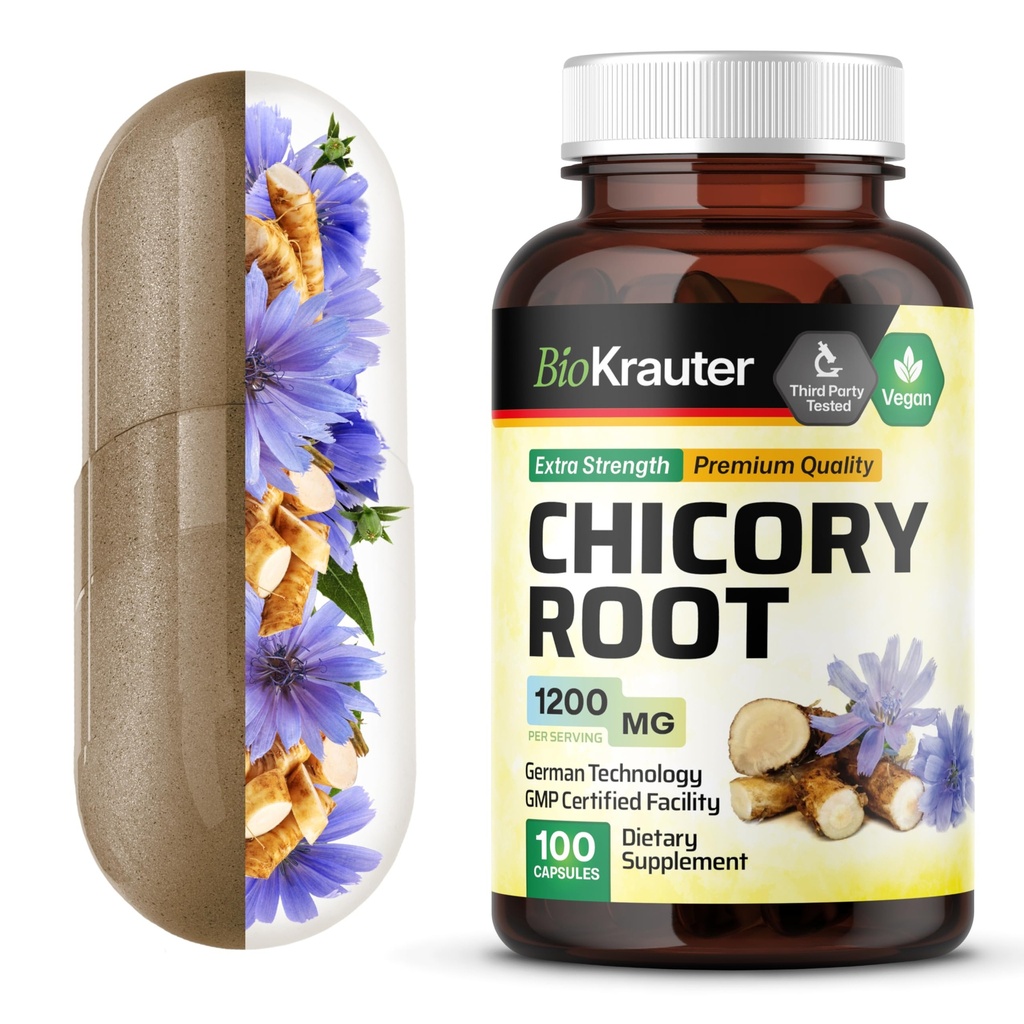 BIO KRAUTER Chicory Fiber Supplement - 1200 mg Stärke - 100 Count - Chicory Root Powder - Inulin Kapseln für Verdauungsunterstützung - Vegan