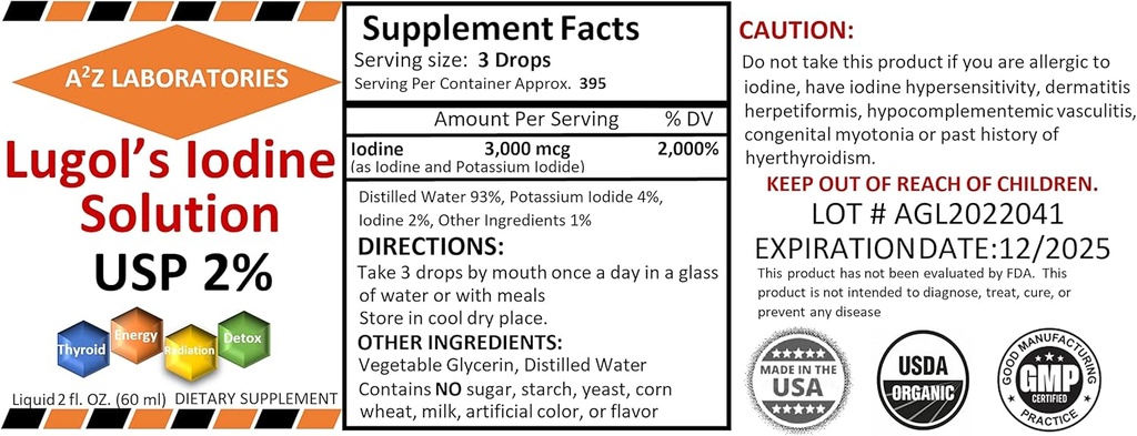 2 x 2 OZ Pack A2Z Organic Lugol's Iodine und Kalium Iodide 2% Lösung 3000 mcg - Flüssige Ergänzung Tropfen für Schilddrüsenunterstützung für Damen und Herren, Metabolismus Gesundheit, Detox Boost -2X 2 Fl Oz/USA