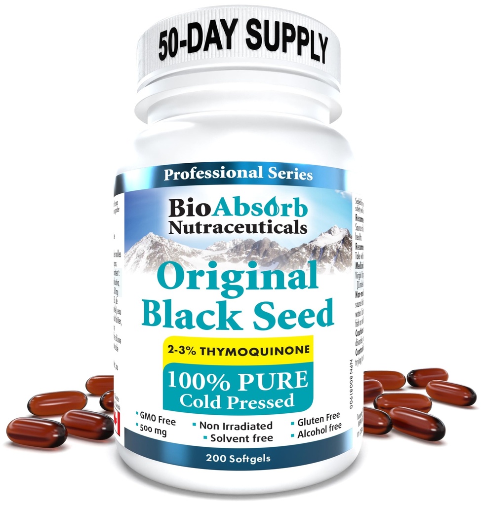Bio-Absorb Black Seed Oil Cold Pressed Capsules. 200 Softgels, 500mg (50-Day Supply). Kein Nachgeschmack.