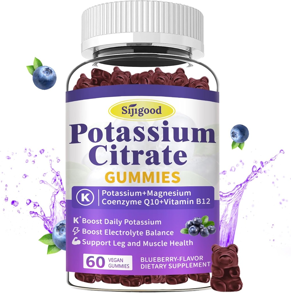 Kalium-Zitrat-Gummi-Ergänzung für Muskel-Gesundheit, Leg Cramp Relief & Elektrolyt Balance, Vegan, Non-GMO, Glutenfrei, Blueberry Flavor, 60 Count