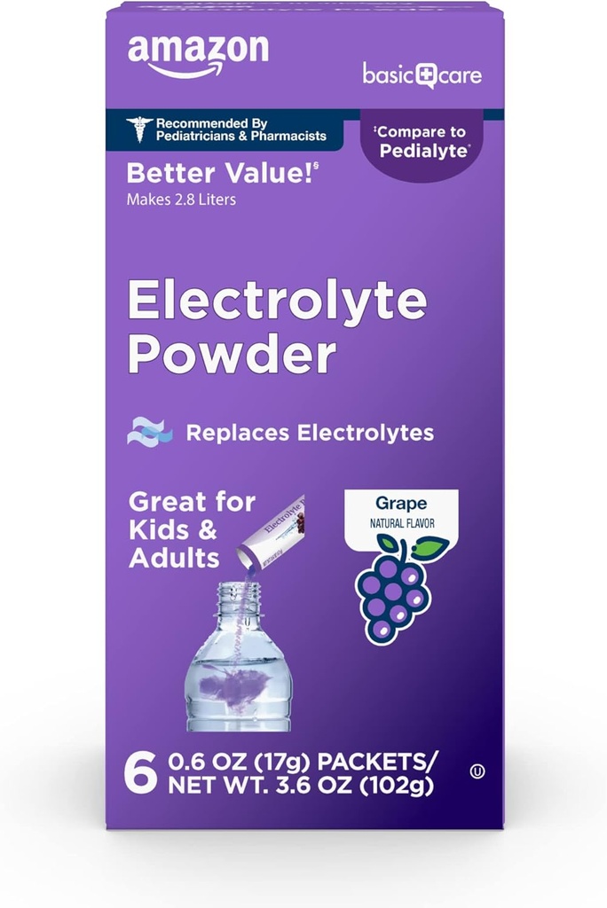 Basic Care Elektrolyt-Pulver-Packets für Rehydrierung für Kinder & Erwachsene, Grape Flavor, 6 Count (Pack von 1)