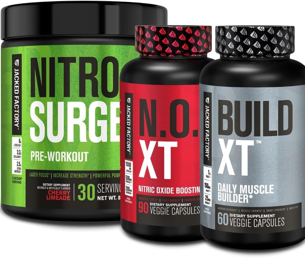 Jacked Factory Nitrosurge Pre Workout, N.O. XT Nitric Oxid Supplement & Build-XT Daily Muscle Builder Bundle