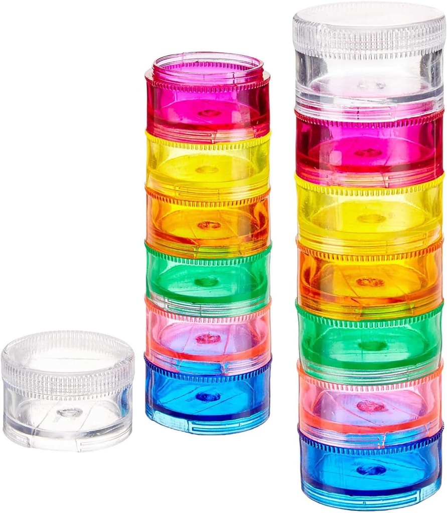 Deke Home - Stackable Pill Organizer (2 Pack), 7 Tage Wöchentliche Pillen Box Tower mit Twist Lock Compartments, BPA-frei, Reisemedizin Halter & Vitamin Dispenser, Compact & Portable Case, Rainbow Colored