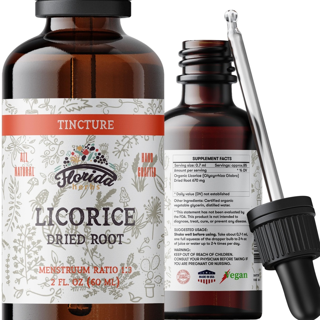 Licorice Tincture, Organic Licorice Extract (Glycyrrrhiza Glabra) Getrocknete Wurzel, Kräuterergänzung, Non-GMO in kaltgepresstem Organische Gemüse Glycerin 2 Unzen, 670 mg