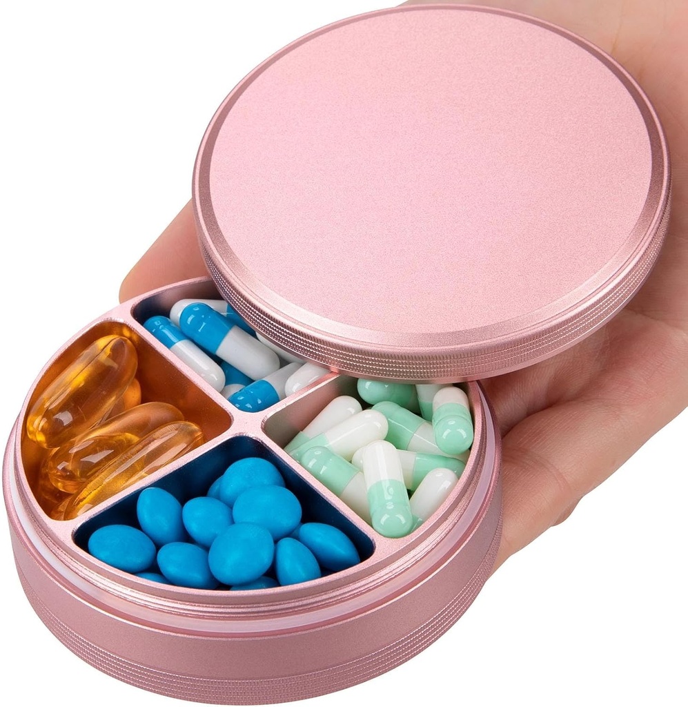 Metall Pille Organizer 4 Komponenten - Portable Travel Pille Case Täglich, Wasserdichte Pille Box für Geldbeutel, Kompakte Pillenhalter Medizin Container Spender für Vitamin Cod Liver Öl Supplement Pink
