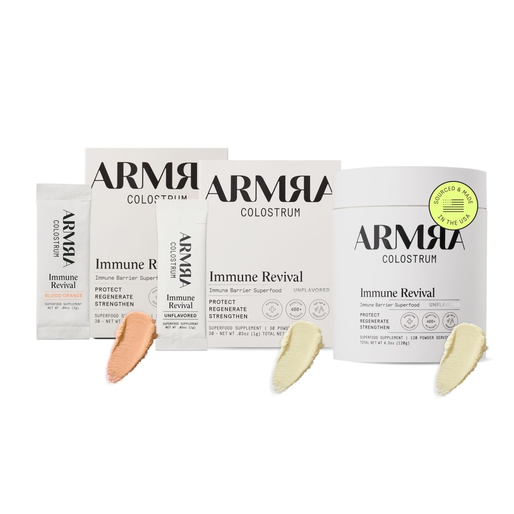 ARMRA ColostrumTM Premium Powder, Gras Fed, Gut Health Bloating Immunität Haut & Haar, Enthält 400+ Bioaktive Nährstoffe, Keto, Gluten & Fett frei (Blood Orange, Unflavored Bundle | 180 Servierungen)