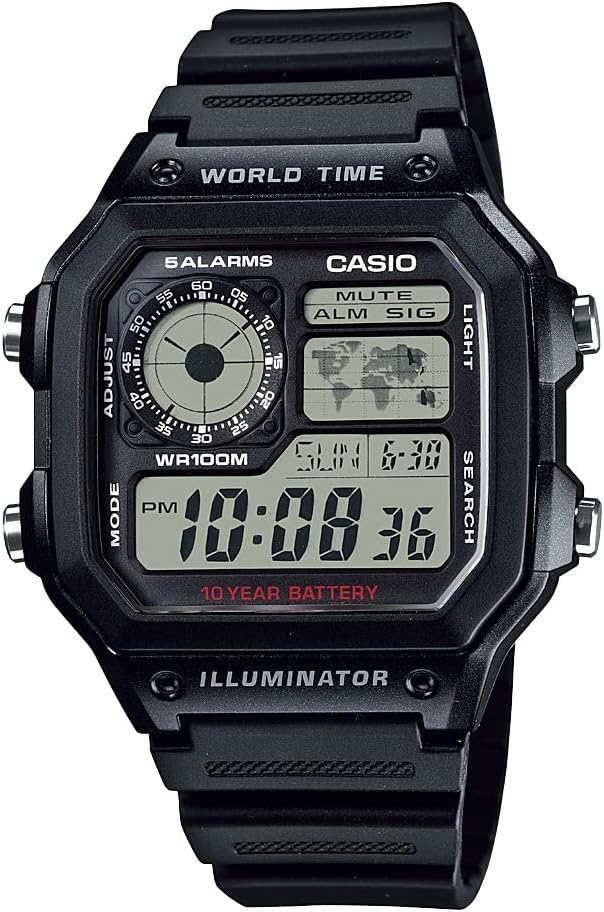 Casio AE1200WH Serie | Herren Digitale Uhr | 100M WR | Multi Alarme | 100 SEC Stoppuhr | Countdown Timer | Weltkarte für Weltzeit | LED Licht | LC Analog Display | 10 Jahre Batterie