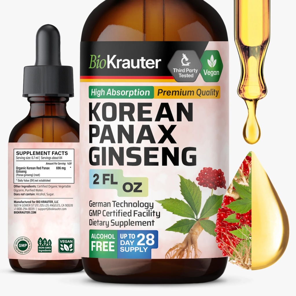 BIO KRAUTER Panax Ginseng Extract Liquid - Korean Red Ginseng Supplement Alkoholfrei - Immununterstützung - Vegan, Sugar Free - 2 Fl.Oz.