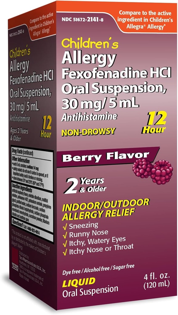TARO Kinder- 12HR Allergy Relief Non-drowsy Antihistamin Liquid, Berry Flavor, Alkoholfrei, Dye-Free & Sugar Free, Fexofenadine HCl (4 oz)
