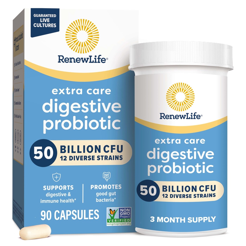 Renew Life Extra Care Probiotische Kapseln, 50 Milliarden CFU Garantiert, Tägliche Nahrungsergänzung unterstützt Immune, Digestive, Respiratory Health(1), L. Rhamnosus GG, Milchprodukte, Soja und Glutenfrei, 90 Count
