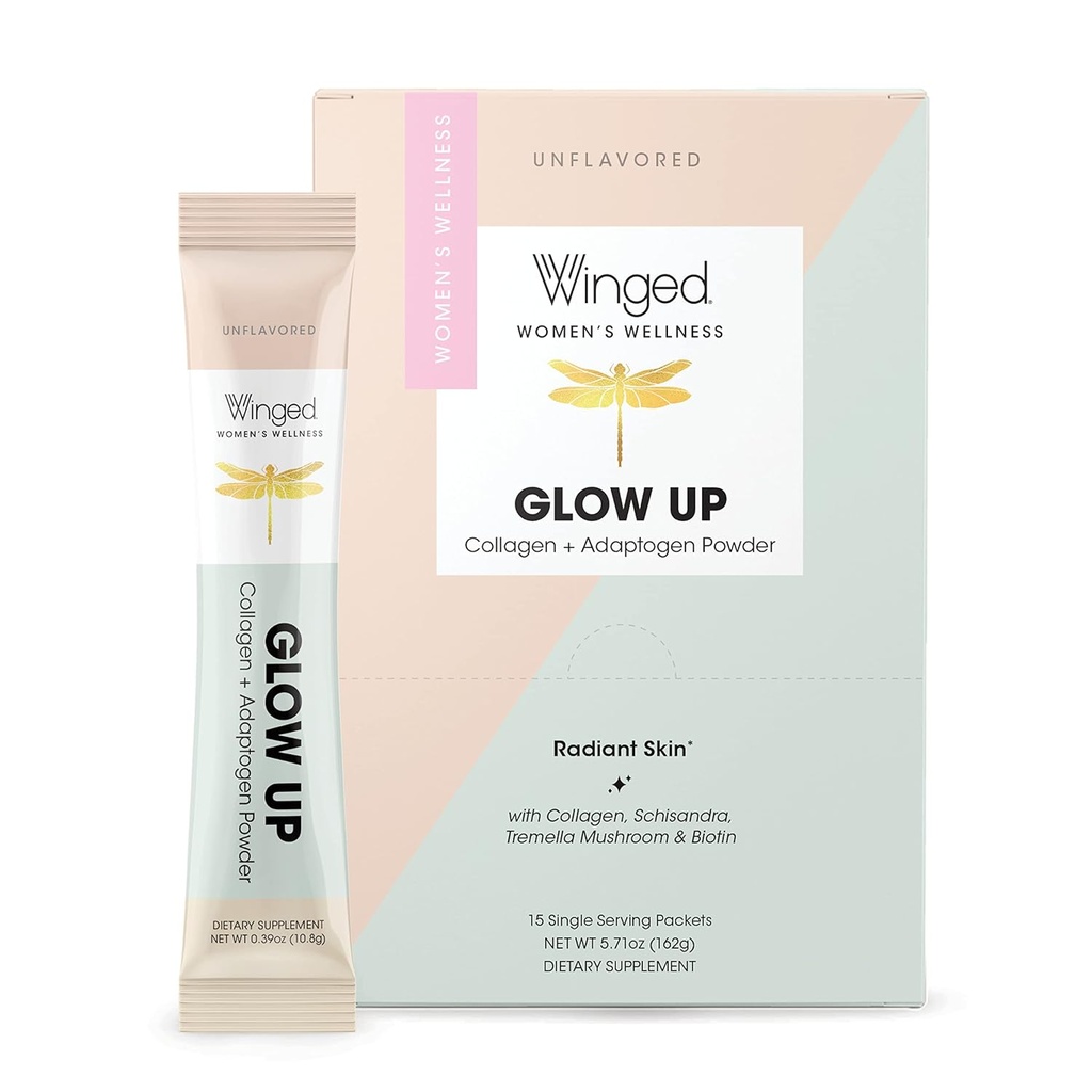 Winged Glow Up Collagen Powder | Besseres Haar, Haut, Nägel für Frauen | Gras Fed Collagen Peptides W/Adaptogen Schisandra, Schnee Pilz, Vitamin C & Biotin | Unflavored, Non Gmo, 15 Count