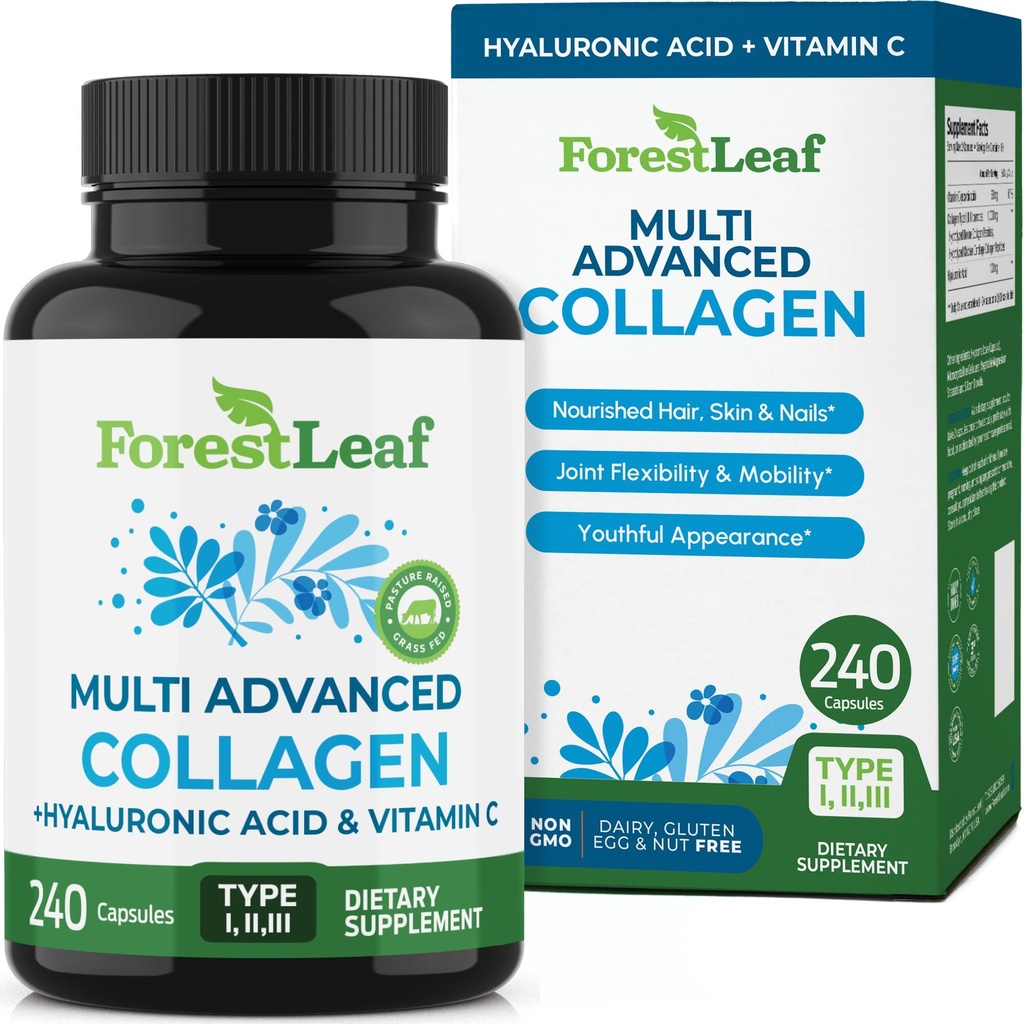 ForestLeaf Multi Collagen Pillen - Collagen Men & Collagen Women - hydrolysierte Collagen Ergänzungen mit Vitamin C & Hyaluronsäure - Collagen Kapseln für Haare, Haut und Nägel (240 Peptide Kapseln)