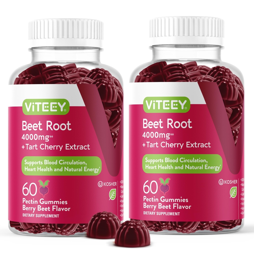 Viteey Beet Root Gummies mit Tart Cherry - Beetroot Ergänzung für Herzgesundheit, Blutdruckunterstützung - Vegan, Glutenfrei - 120 Zähler