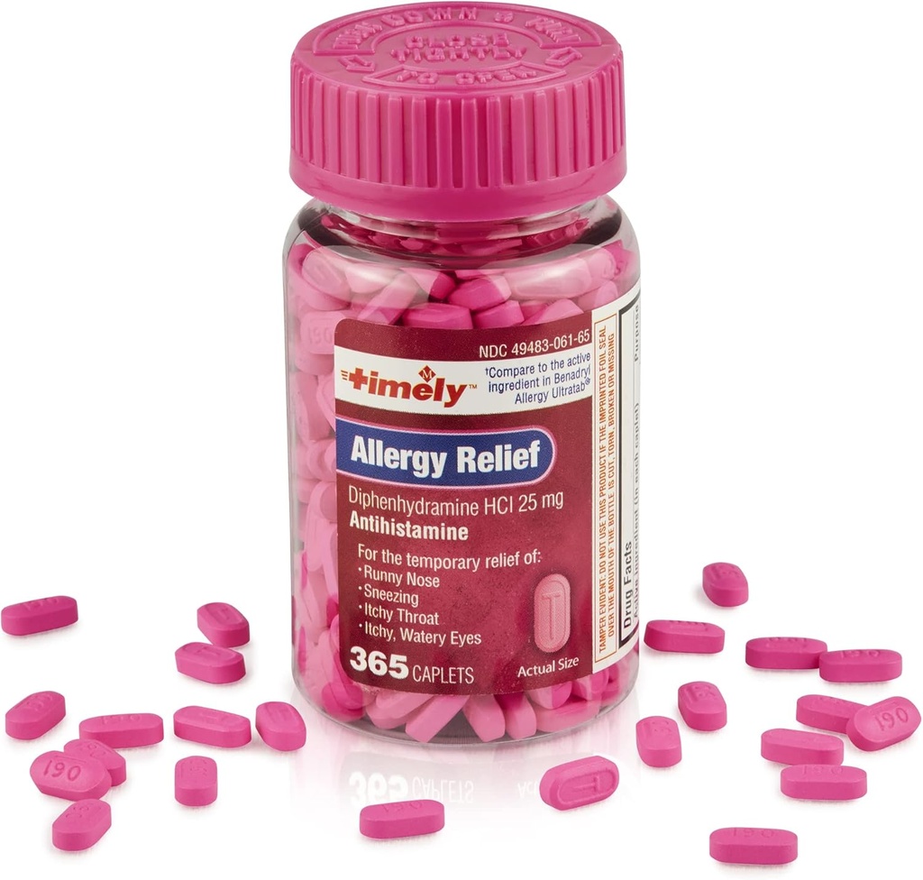 Timely Allergy Relief Diphenhydramine HCl 25 mg - 365 Caplets - Im Vergleich zu Benadryl Allergy Ultratab - Antihistamin - Allergiemedikation - Runny Nose Relief für Erwachsene - Watery Eyes Treatment