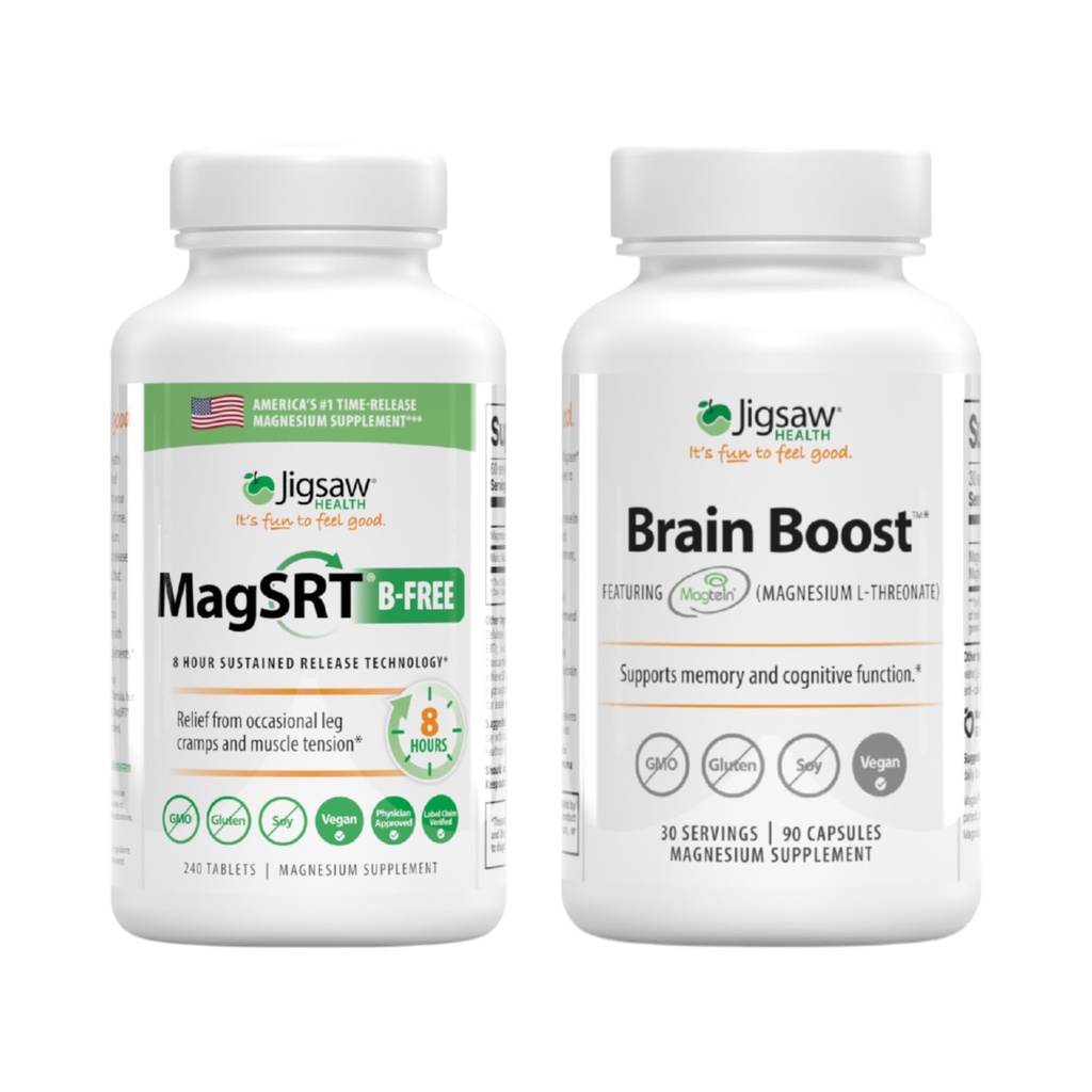 Jigsaw Gesundheit Magnesium Bundle | MagSRT (B-Free), 240 Tabletten, und Brain Boost, 90 Kapseln