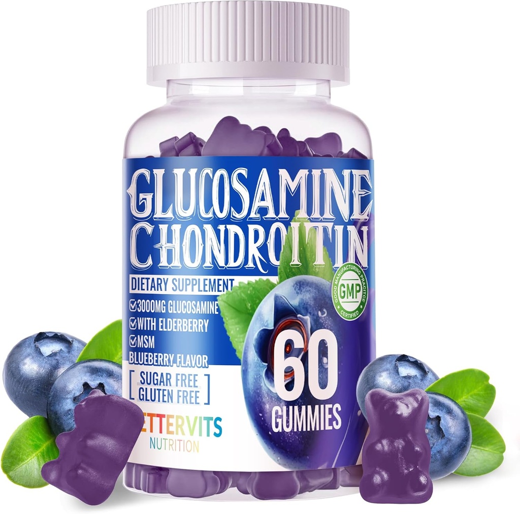 Glucosamin Chondroitin Gummi mit MSM & Elderberry Extra Strength - Joint Support, Antioxidant Immun Support Supplement für Erwachsene, Männer & Frauen.60 Blueberry Gummies