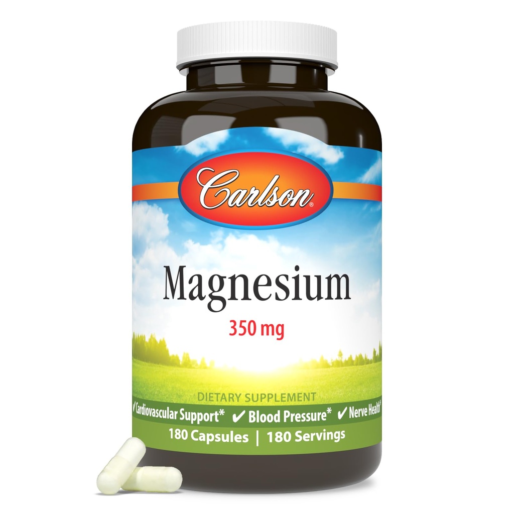 Carlson - Magnesium, 350 mg, Herz-Kreislauf-Unterstützung, Muskelfunktion & Nerve Gesundheit, 180 Kapseln