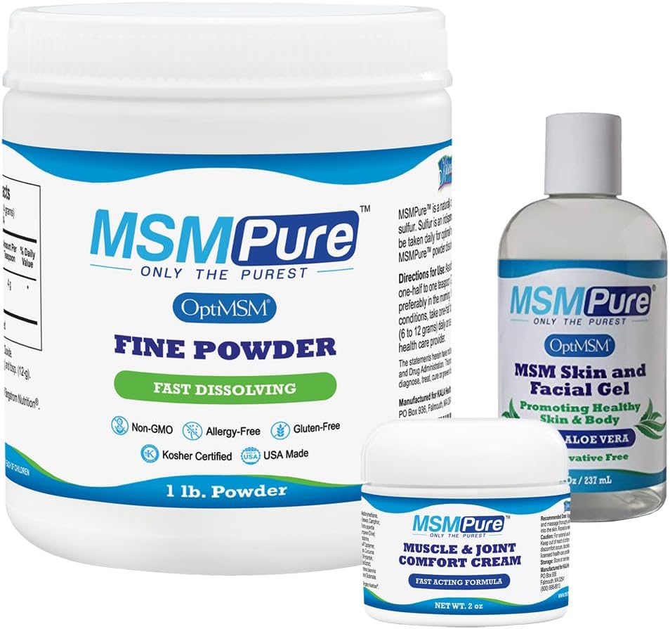 KALA HEALTH MSMPure Starter Bundle mit MSM Fine Powder 1lb, MSM Muscle & Joint Cream 2oz und MSM Gel mit Bio Aloe 8oz
