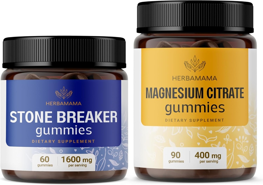 HERBAMAMA Stone Breaker und Magnesium Kit - Bundle von 1600 mg Chanca Piedra & 400 mg Magnesium Citrate Gummies - Vegan, Non-GMO, Gelatin-Free - 2 Pack