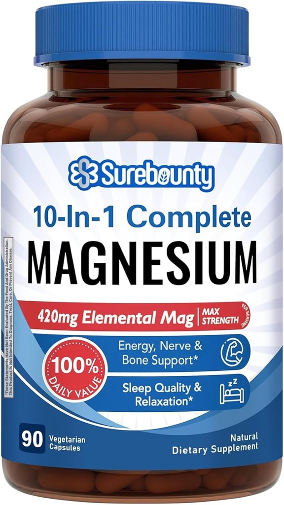 Magnesium Complex, 10-in-1 Formel, 420mg Elemental Mag Per Serving, Magnesium Glycinat, Malat, Citrat, hohe Absorption, Knochen & Entspannung, 90 Caps