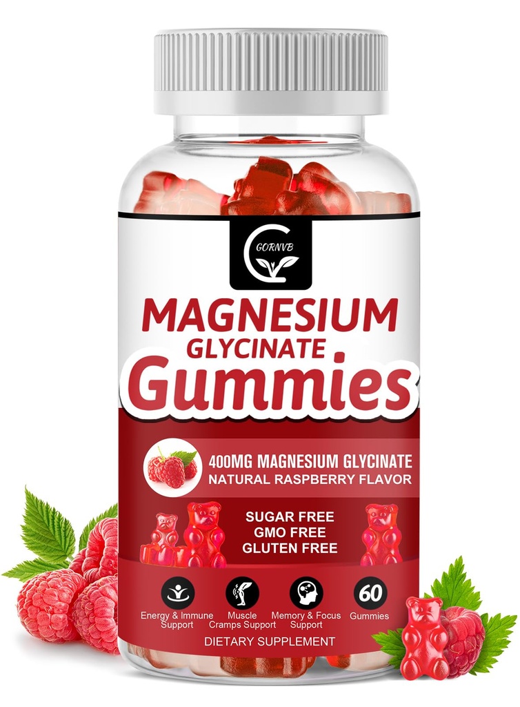 Magnesium Glycinate Gummies 400mg, Mg Kaliumergänzung mit Chelat Magnesium Malat Complex, Vitamin D, B6 und CoQ10, Unterstützung für Gedächtnis, Ruhe, Stimmung & Schlaf - 60 Zähler (Pack von 1)