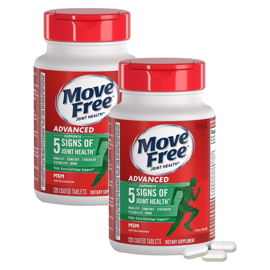 Move Free Advanced Plus MSM Coated Tablets, Joint Health Supplement mit Glucosamin und Chondroitin, 120 Count, Pack von 2