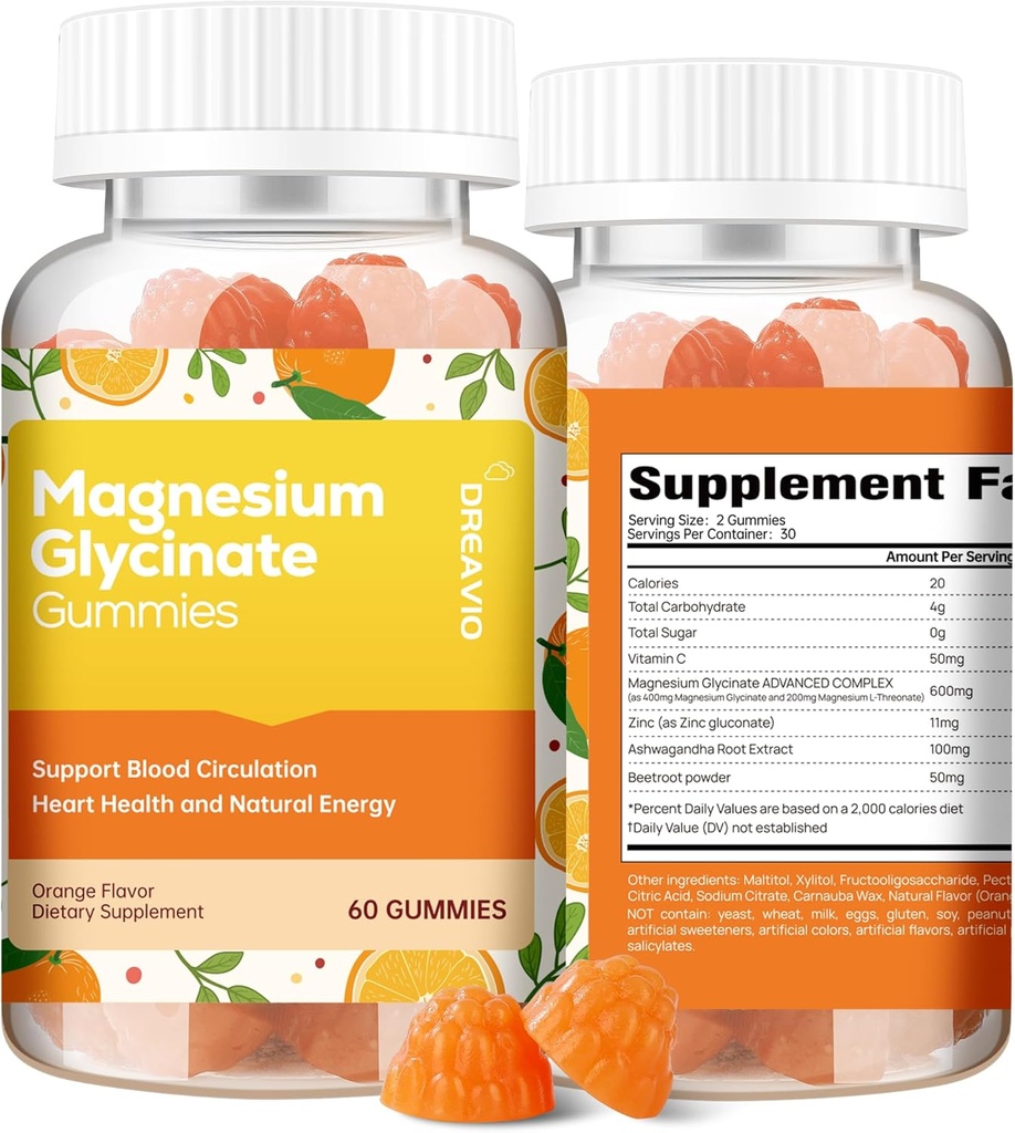 60 Graf Magnesium Glycinate Gummie 400mg w/Ashwagandha Beilage - Zuckerfreie Zink Magnesium Glycinat Beilage Ashwagandha Gummie für Erwachsene