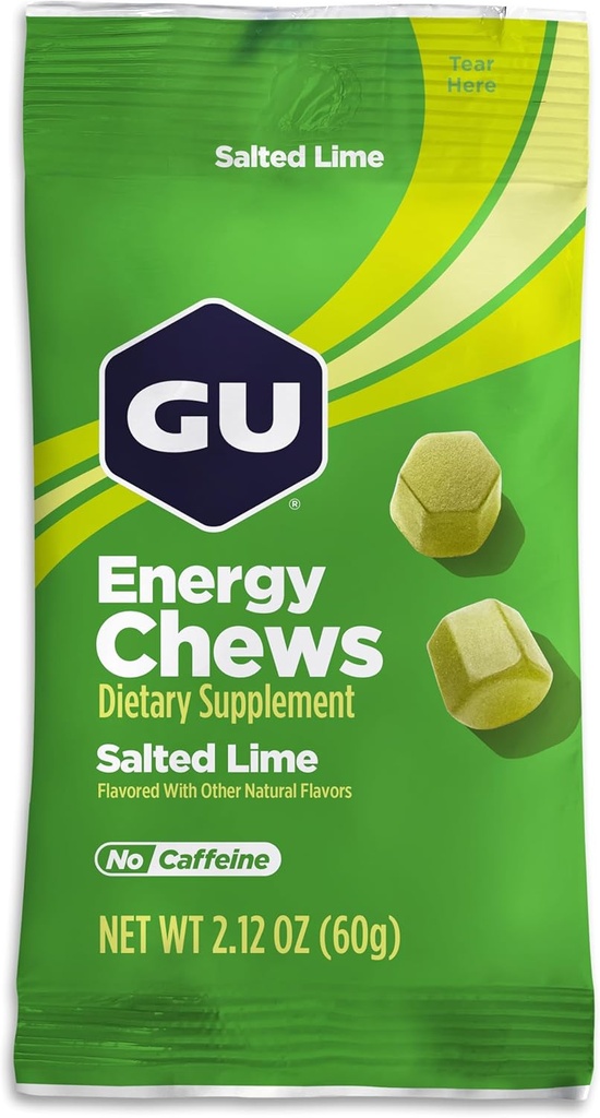 GU Energy Chews, Salted Lime Energy Gummis mit Elektrolyten, Vegan, Gluten-Free, Kosher, Koffeinfrei, und Dairy-Free On-The-Go Energy for Any Workout, 12 Taschen (24 Portionen insgesamt)