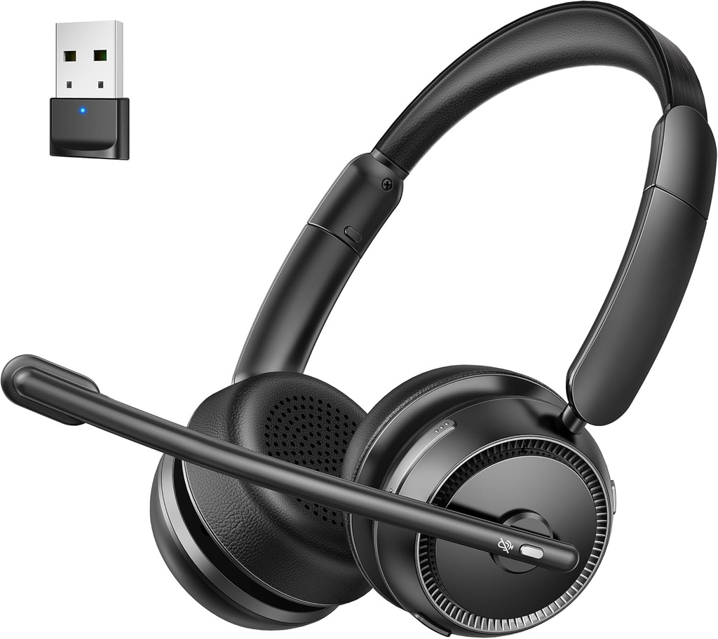 Bluetooth-Headset mit KI-Rausch-Mikrofon, Stereo HiFi Bluetooth-Kopfhörer, Wireless Headset mit USB Dongle für Computer Office Call Center Skype Zoom Meeting Trucker